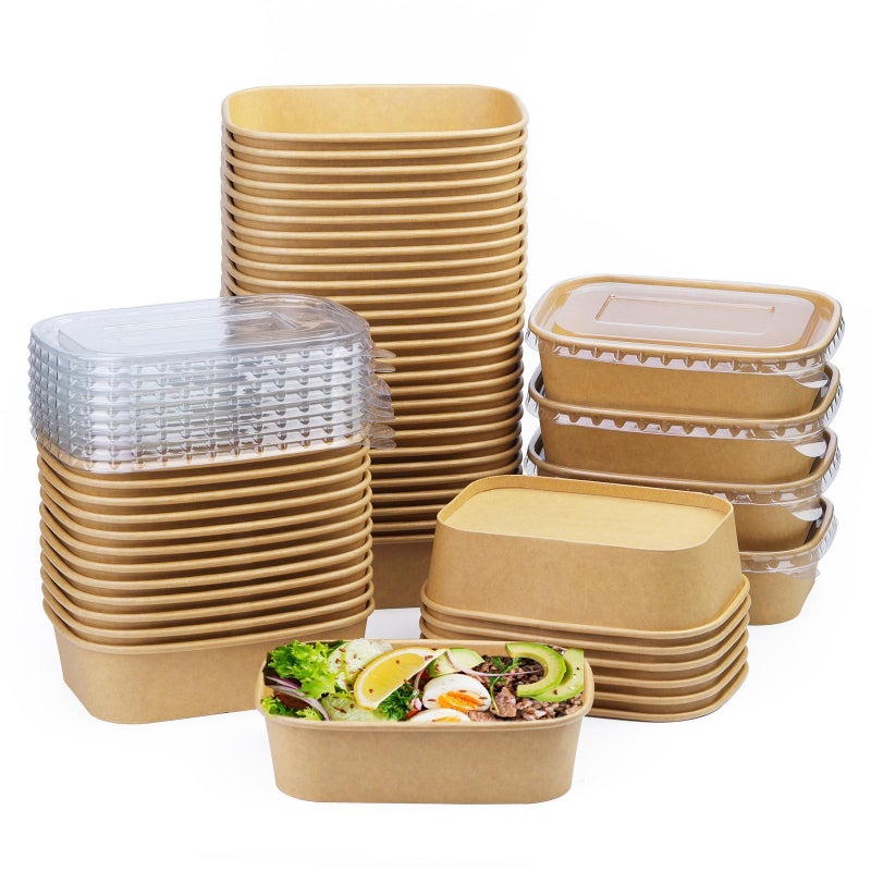 Fniiva 50 Pack 19 oz Paper Bowls Disposable Food Containers with Lids Rectangular Disposable Bowls Disposable Salad Bowls with Lids for Diet Salad Ice Cream Yogurt Party Food